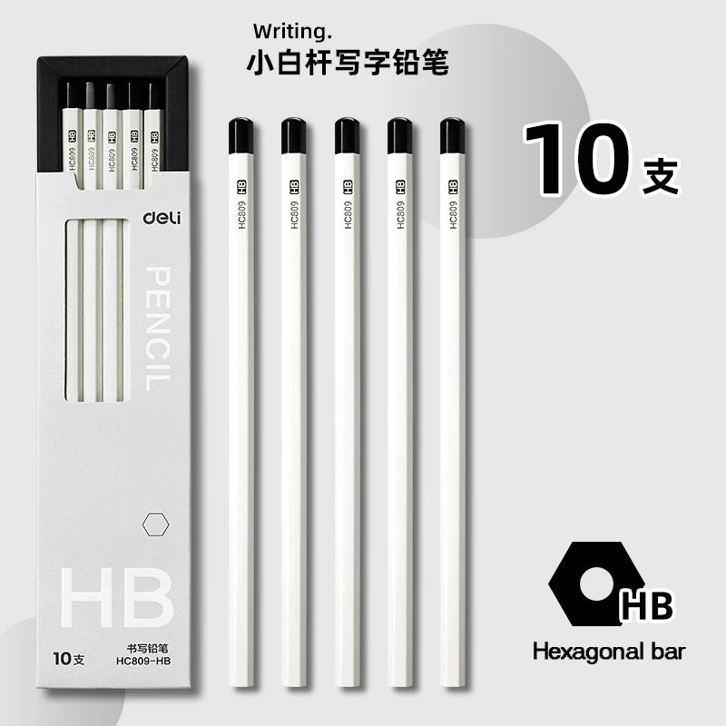 Deli HC809 HB/2B White Hexagonal Pencil 10pcs/Set Safe and Non toxic Stationery Supplies,Suitable for Elementary School Students