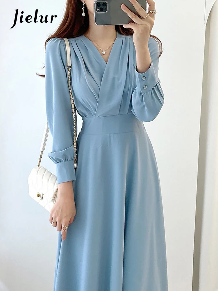 Jielur Harajuku V-neck Puff Sleeve A-line Maxi Dress Woman Solid Color Midi Robe Korean Office Dresses Elegant Spring Dress Lady