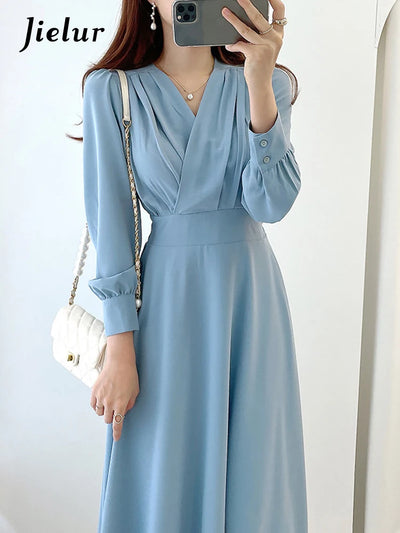 Jielur Harajuku V-neck Puff Sleeve A-line Maxi Dress Woman Solid Color Midi Robe Korean Office Dresses Elegant Spring Dress Lady