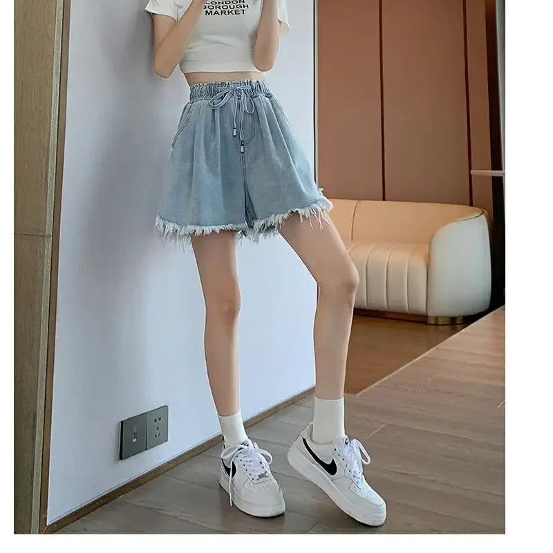 Korean Simplicity High Waist Wide Leg Denim Shorts Fashion Women's Clothing Summer Female All-match Loose Drawstring Shorts