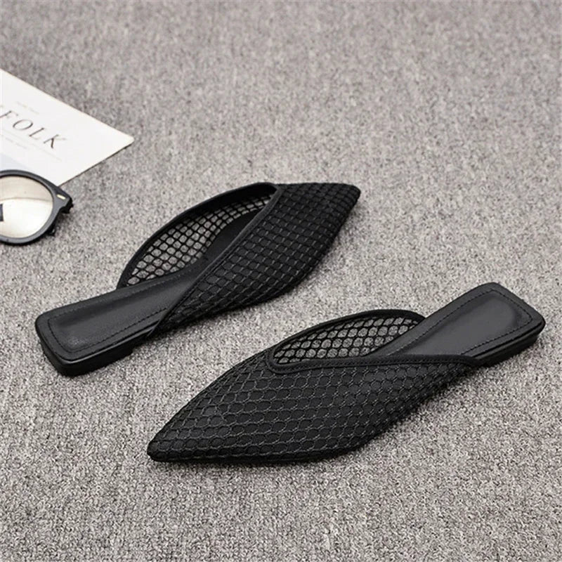 Women's Pointed Toe Slippers 2024 Summer Designer Mesh Beach Flat Shoes Slides Outside Mules Gladiator Sandals Zapatos De Mujer