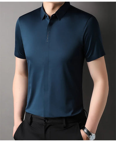 Summer New High-grade Hidden Button Men's Light Luxury Short Sleeve Shirts Men High Elastic Business Anti-wrinkle Ice Silk Shirt