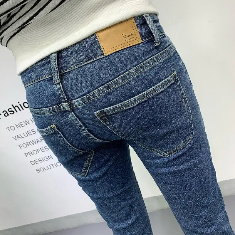 New Men's Slim Denim Jeans Casual Spring and Autumn Stretchy Skinny Pants Korean Style Trendy Cowboy Hip Hop Cropped Trousers