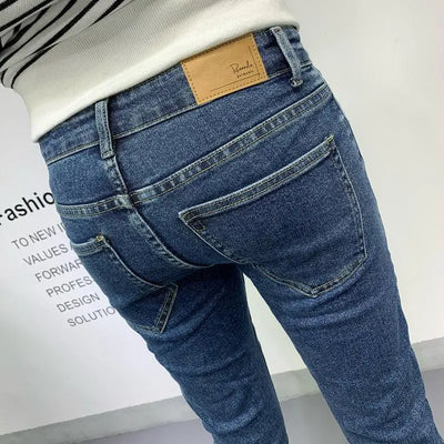 New Men's Slim Denim Jeans Casual Spring and Autumn Stretchy Skinny Pants Korean Style Trendy Cowboy Hip Hop Cropped Trousers