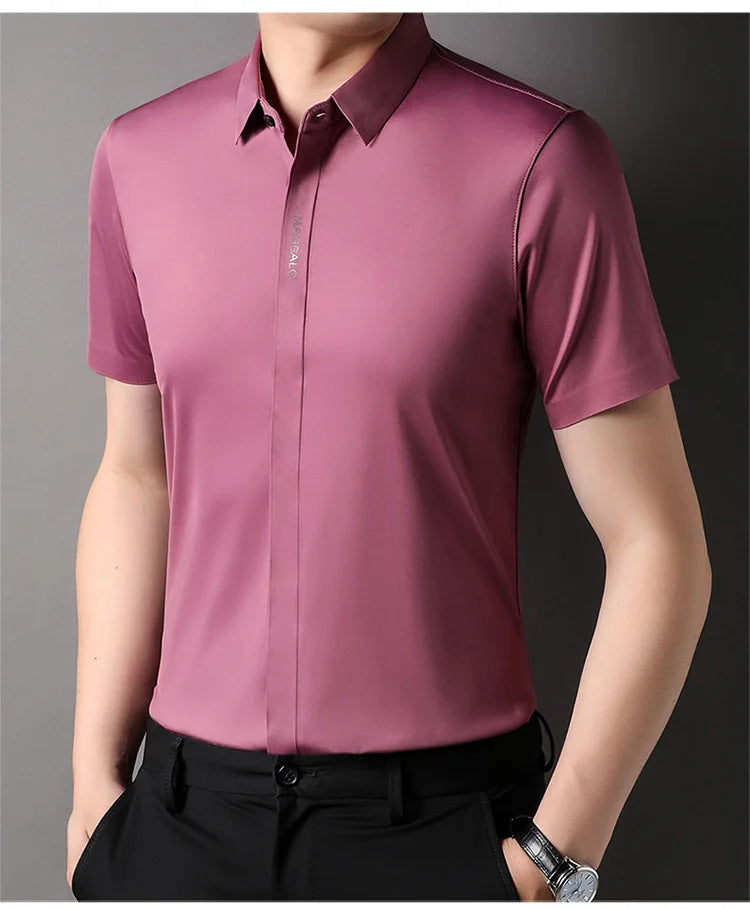 Summer New High-grade Hidden Button Men's Light Luxury Short Sleeve Shirts Men High Elastic Business Anti-wrinkle Ice Silk Shirt