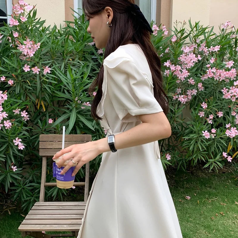 Women Summer Vintage Long Wrapped Dress 2024 New Female Double Layer Ruffled Collar Lacing Up Slim Waist Sundress
