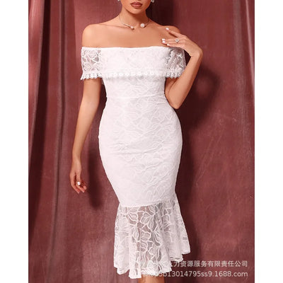 Trend White Lace Off-Shoulder Dress Women Sexy High Waist Bodycon Dresses Slash Collar Strapless Solid Color Sheath Midi Dress