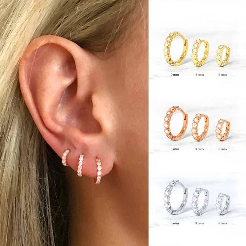 6mm/8mm 925 Sterling Silver Circle Zircon CZ Hoop Earrings for Women Gold/Rose gold/Silver Small Round Earrings Fashion Jewelry
