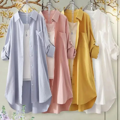 Plus Size Loose Breathable Blouses Midi Shirt Korean Casual Autumn Shirts Women Simple Solid Female Long Sleeved Shirts