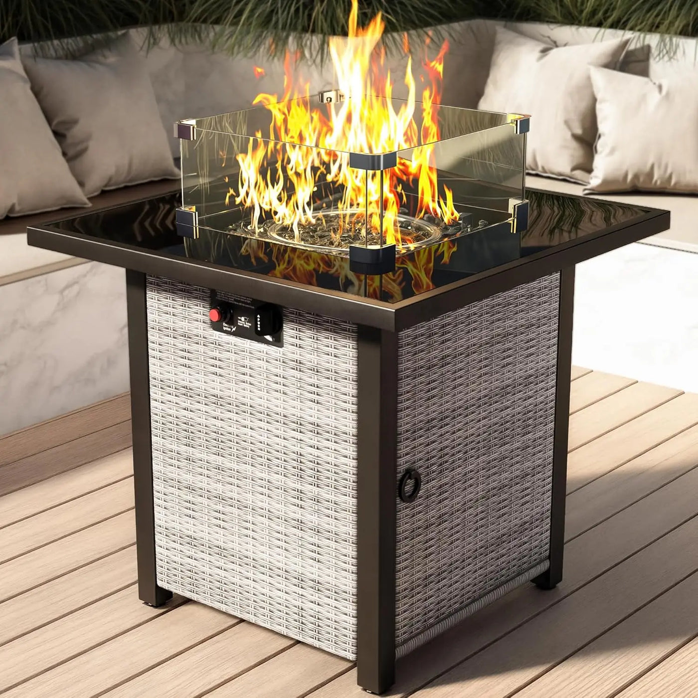 Propane Outdoor Fire Pit Table, 28" Rattan Square Fire Pit Table, Outdoor Gas FirePit W/Glass Wind Guard