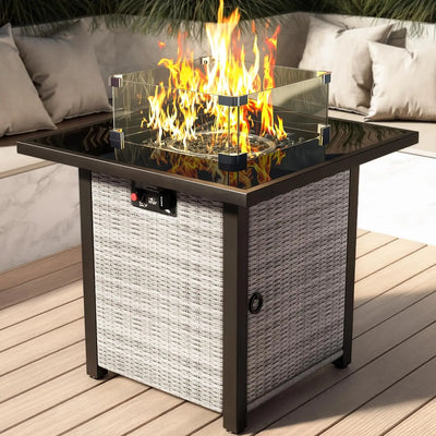 Propane Outdoor Fire Pit Table, 28" Rattan Square Fire Pit Table, Outdoor Gas FirePit W/Glass Wind Guard