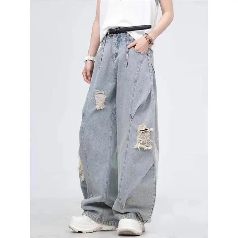 American Retro Washing Scimitar Jeans Men's High Street Vibe Ripped Design Wide-leg Trousers Handsome Casual Pants Jeans for Man