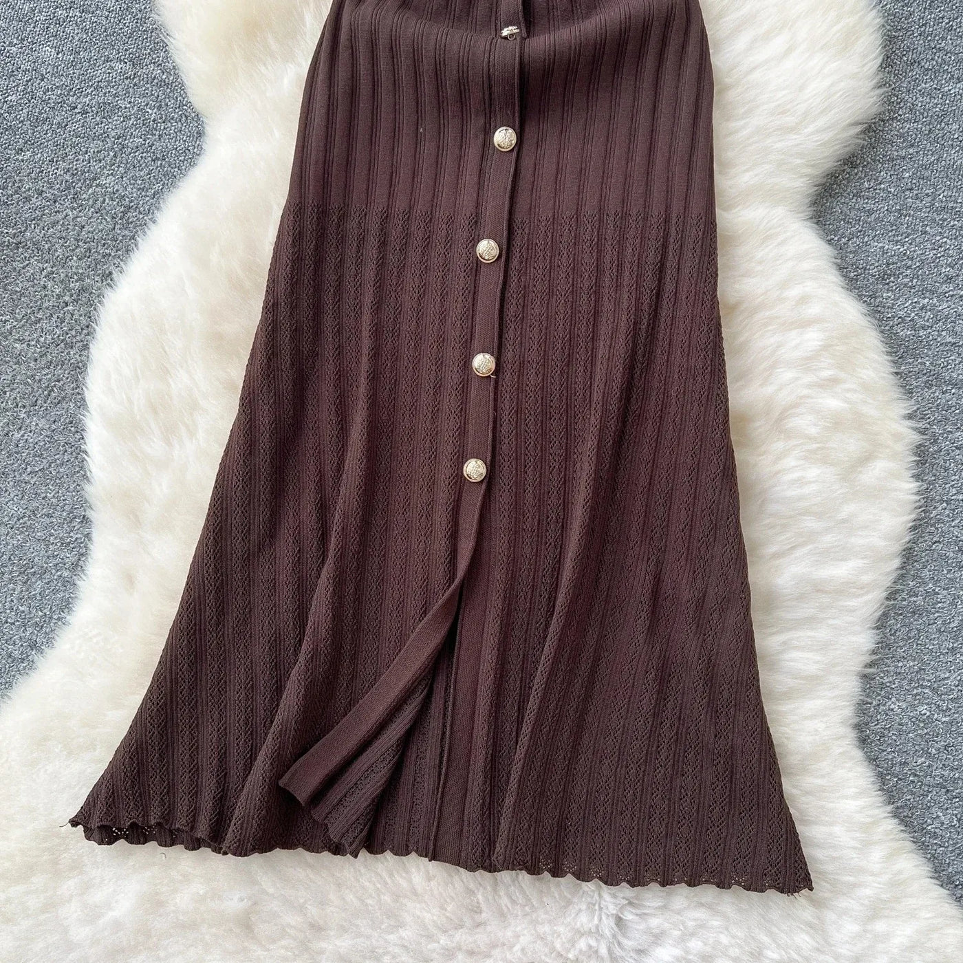 Women's Round Neck Sleeveless Dress Single-breasted Chic Elasticated Waist Slim Long Skirt   New High Quality Knitted Dress