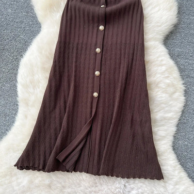 Women's Round Neck Sleeveless Dress Single-breasted Chic Elasticated Waist Slim Long Skirt   New High Quality Knitted Dress