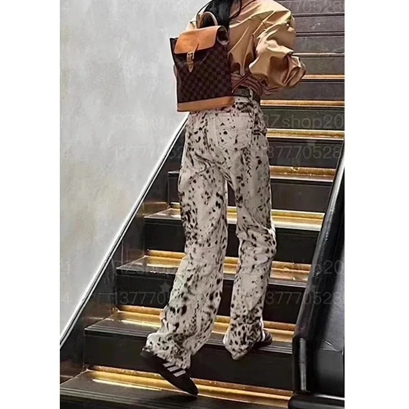 Leopard Print Straight Wide Leg Jeans Women High Waisted Retro Jeans Streetwear Y2k Vintage Pants High Street Denim Trousers