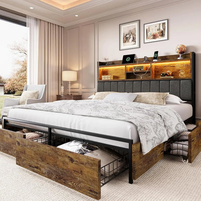 King Size Storage Bed Frame – 6 Built-In Drawers, Wooden Headboard & LED Lights with Charging Station