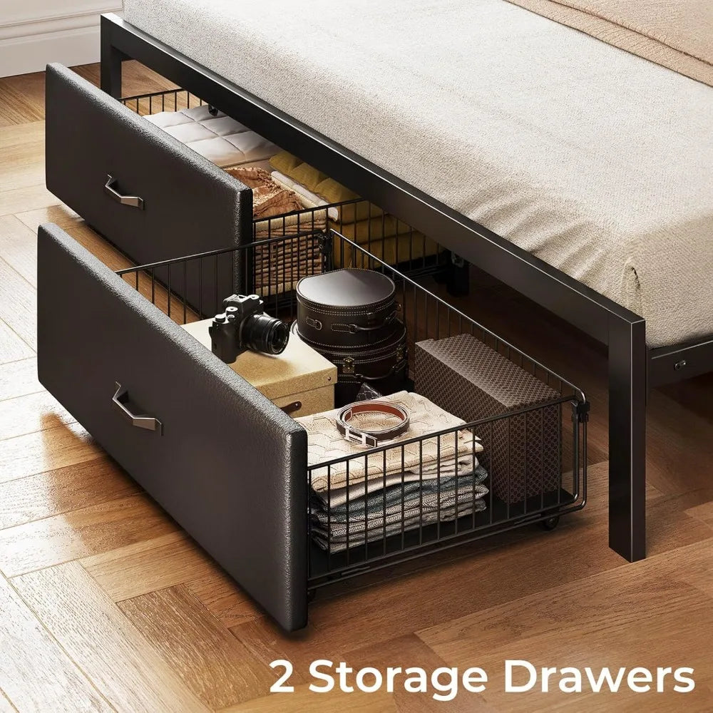 Bed Frame Queen Size with Drawers and Charging Station,Metal Frame,Upholstered Platform Bed with Storage Headboard and LED Light