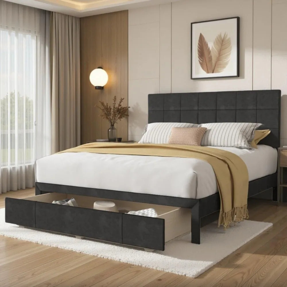 Bed frame, Queen Bed Frame with Drawer Velvet Upholstered Platform Bed with Storage, No Box Spring Needed, Bedroom Furniture