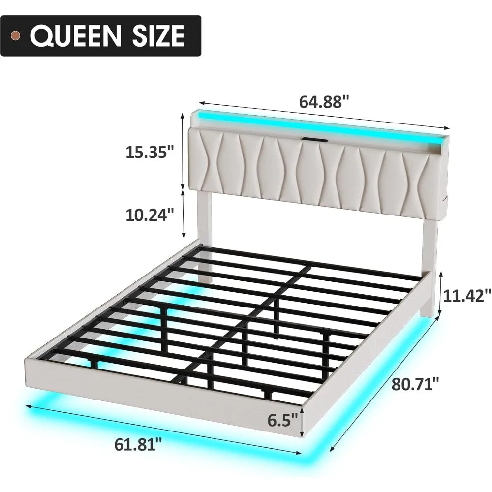 Maupvit Queen Size Floating Bed Frame with Storage Headboard, Queen Bed Frame with LED Lights, Charging Station, Upholstered