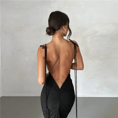 Summer sexy pleated solid color strap with perspective high slit backless sleeveless long skirt