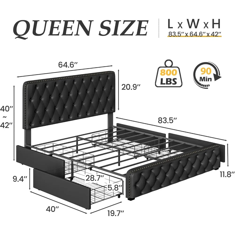 Lifezone Queen Bed Frame with Headboard Faux Leather Upholstered Metal Queen Bed Frame with 4 Storage Drawers, Adjustable Headbo