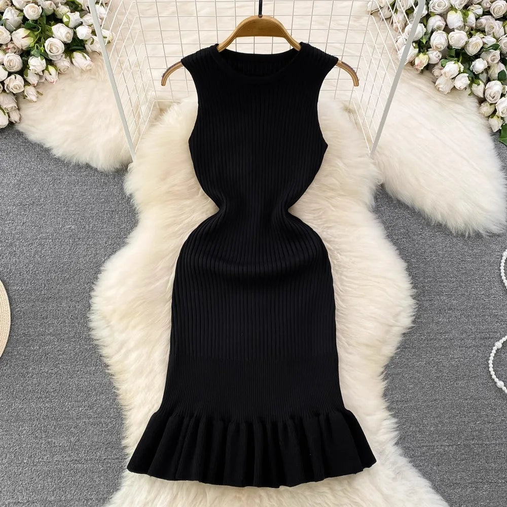 Chic Fashion Sexy Package Hipps Knitted Mini Dress Women Summer Elegant Ruffled Bodycon Dress Lady Streetwear Outfits
