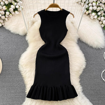 Chic Fashion Sexy Package Hipps Knitted Mini Dress Women Summer Elegant Ruffled Bodycon Dress Lady Streetwear Outfits