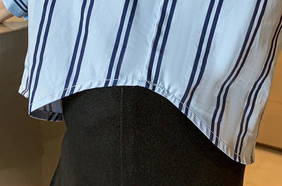 Fake Two Pieces Chiffon Silk Blouse for Women Off Shoulder Top Cool Blue Stripe Cotton Satin Shirt Woman Particular Trends Youth