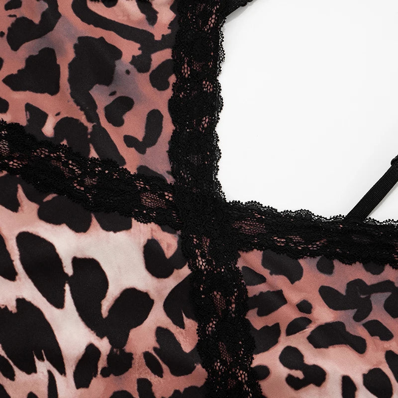 CUTENOVA New Women'S Leopard Print Lace Trim Patchwork Camisole Jumpsuit Bodycon Seven Points Jumpsuit Fashion Streetwear Romper