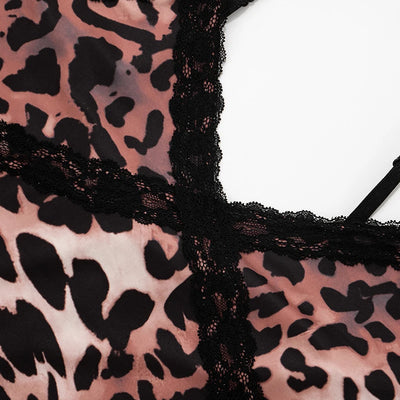 CUTENOVA New Women'S Leopard Print Lace Trim Patchwork Camisole Jumpsuit Bodycon Seven Points Jumpsuit Fashion Streetwear Romper