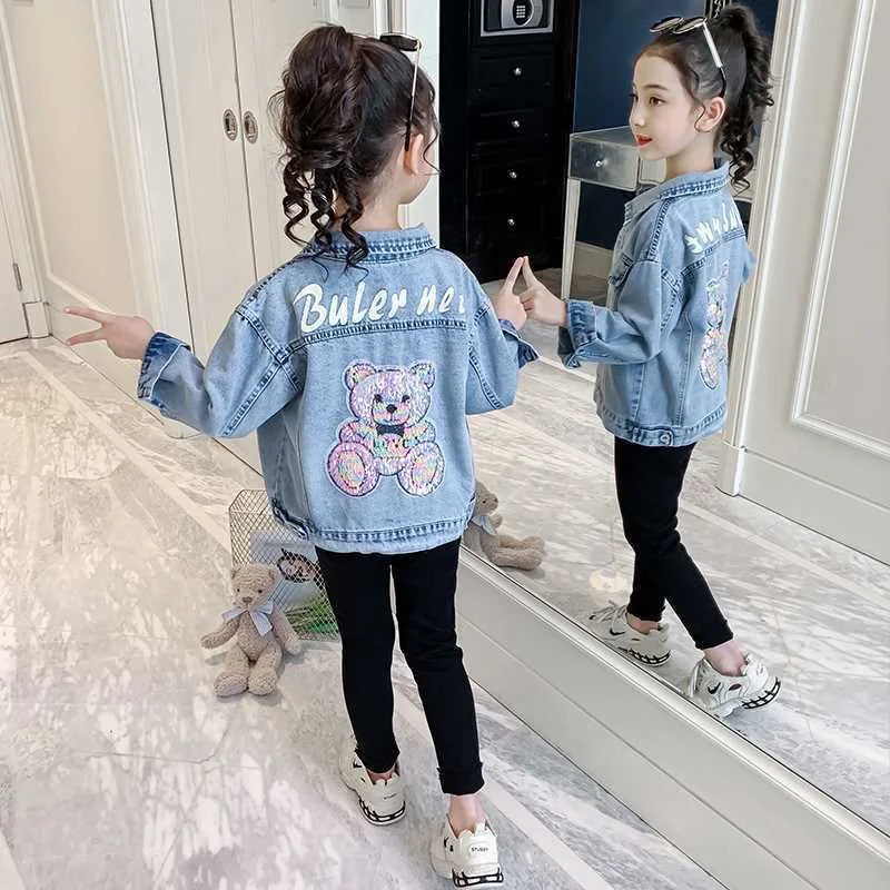 3 4 6 8 10 12 Years Teen Girls Denim Jacket Spring New Fashion Bear Sequin Cowboy Coats For Girls Children Outwear Birthday Gift