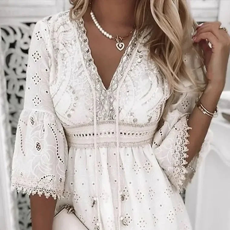 Women Elegant White Hollow Lace Mini Dress Summer V-neck Patchwork Lace Up Three Quarter Sleeve Ladies Vacation Beach Dresses