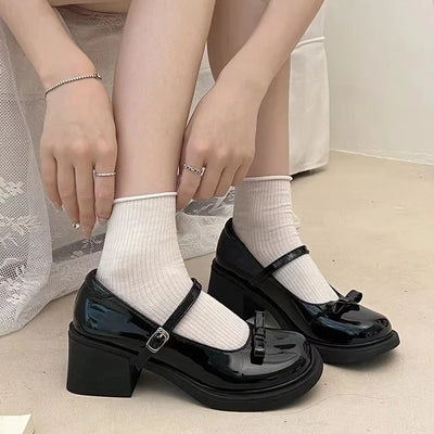 Round Toe Mid Heel Women Shoes 2024 Spring New Black Patent Leather Mary Jane Shoes Japanese Lolita Women's Pumps Zapatos Mujer