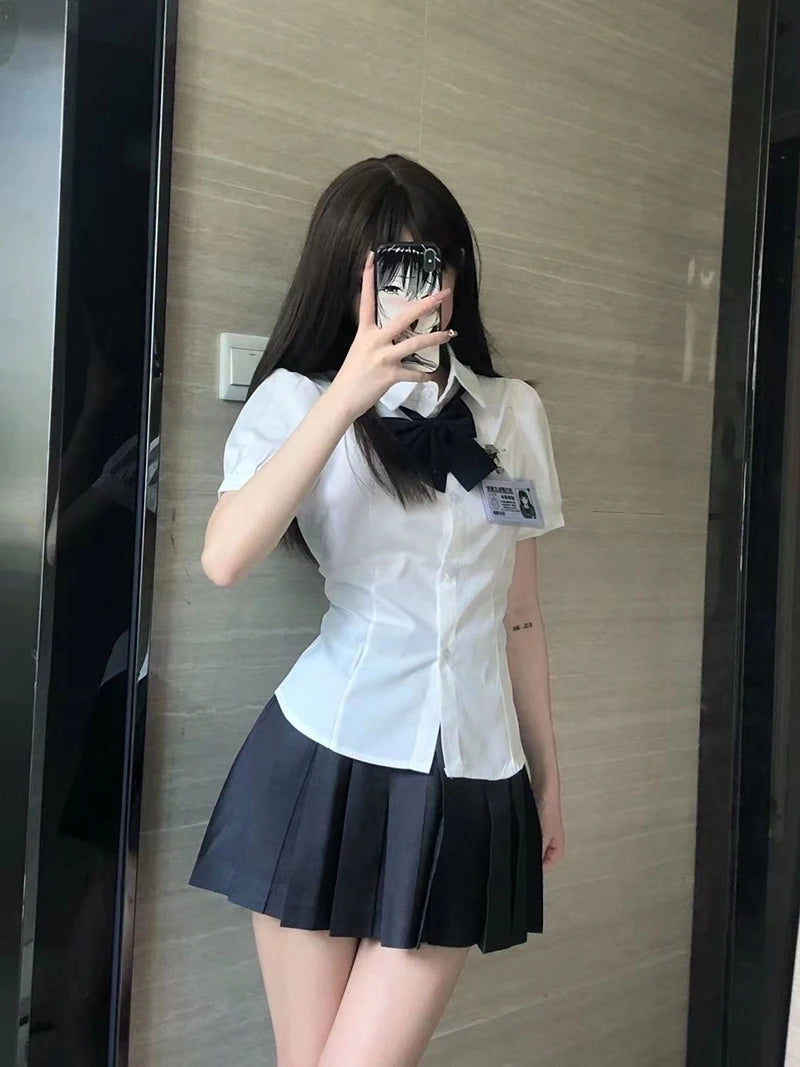 White Sweet Shirt Women Korean Fashion Preppy Style Jk Bandage Short Sleeve Shirt Ladies Summer Y2K Slim Elegant Bow Tops New