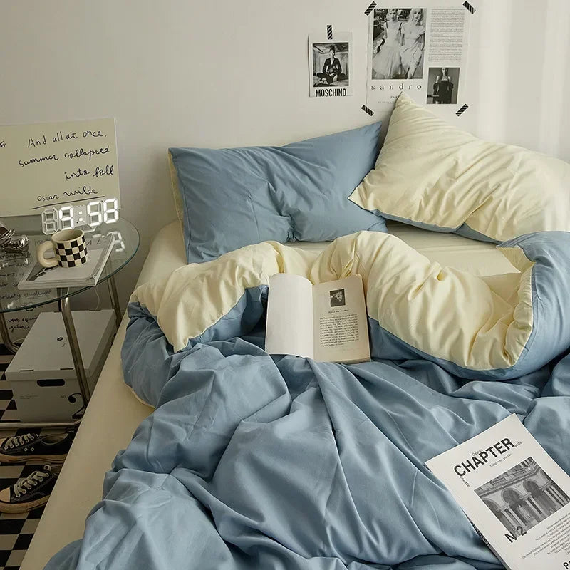 High Quality  Solid Color Double Washed Cotton Bedding 4 Pieces Set Student Dormitory Bed Linen Duvet Set Bed Suit