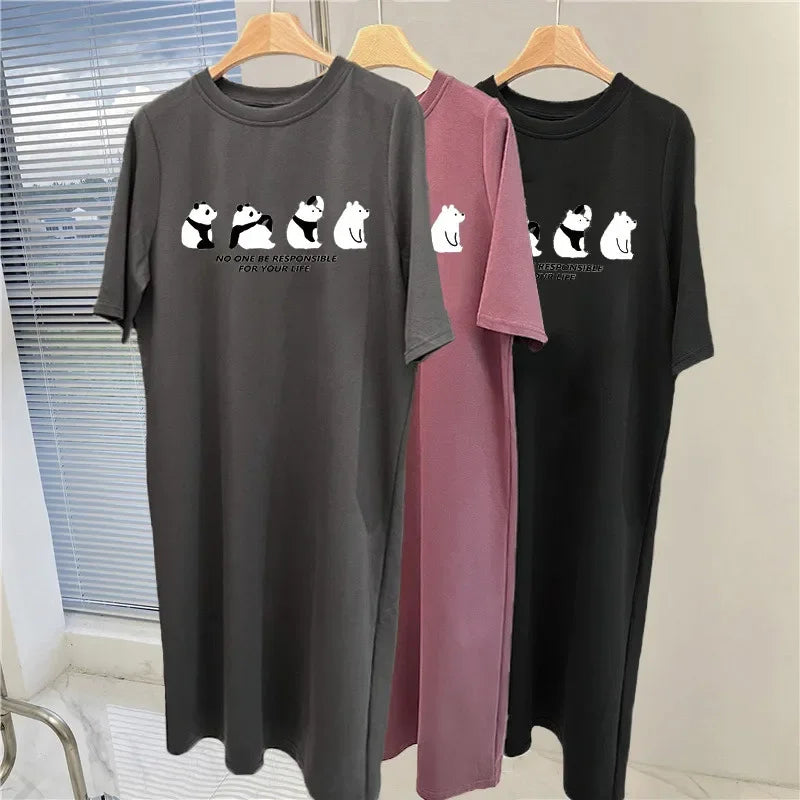 Childlike and cute four panda print short-sleeved dress for women summer and autumn new oversized loose round neck home dress
