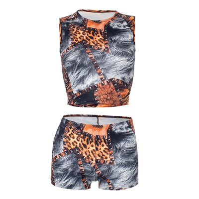 CUTENOVA Spring/Summer Leopard Print Sleeveless Tank Top + Mini Shorts Exposed Navel Skinny Shorts Set Fashion Streetwear Y2K