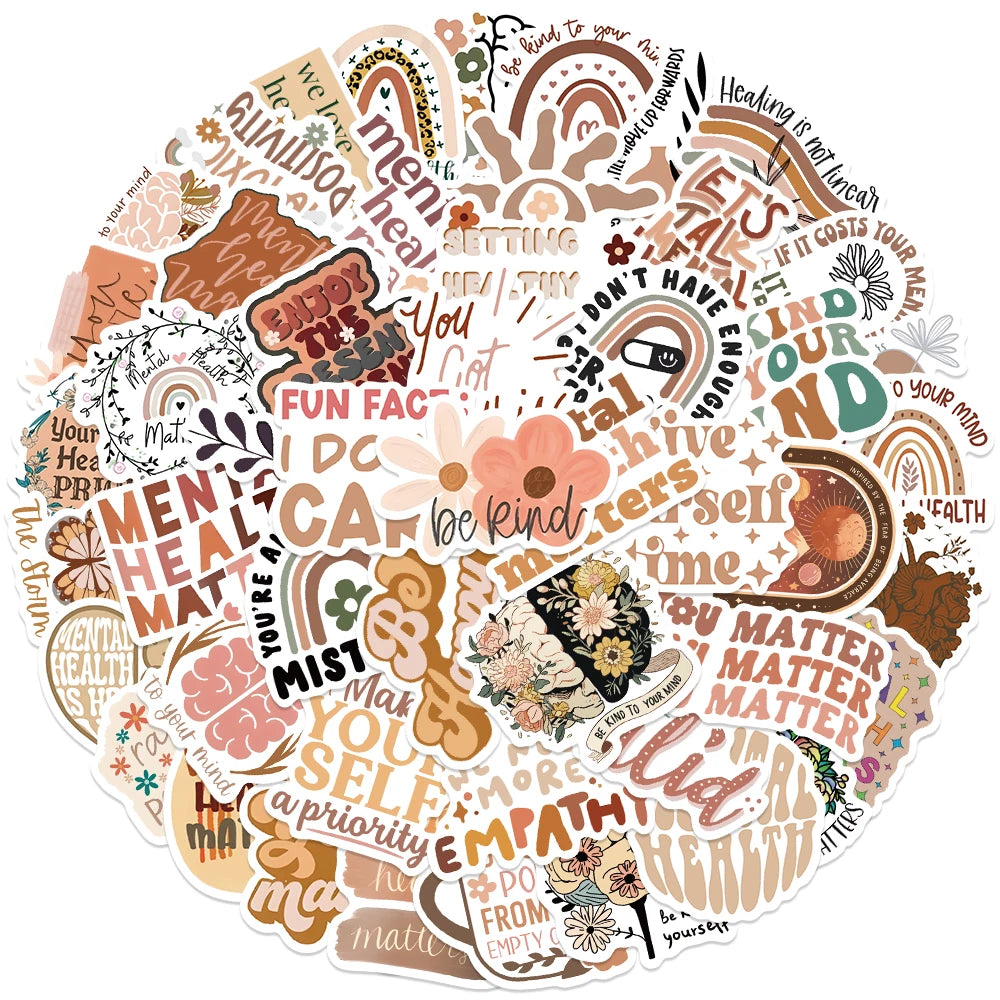 50pcs Boho Mental Healthy Stickers Aesthetic Decals For Laptop Luggage Skateboard Water Bottle Notebook Waterproof Vinyl Sticker
