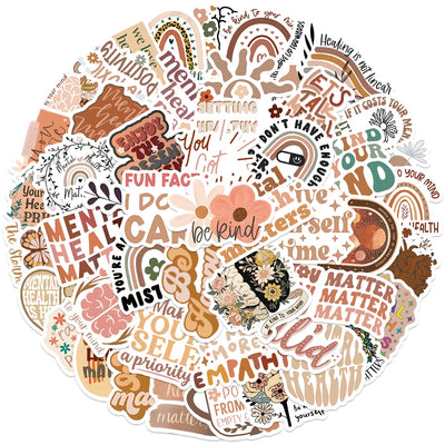 50pcs Boho Mental Healthy Stickers Aesthetic Decals For Laptop Luggage Skateboard Water Bottle Notebook Waterproof Vinyl Sticker