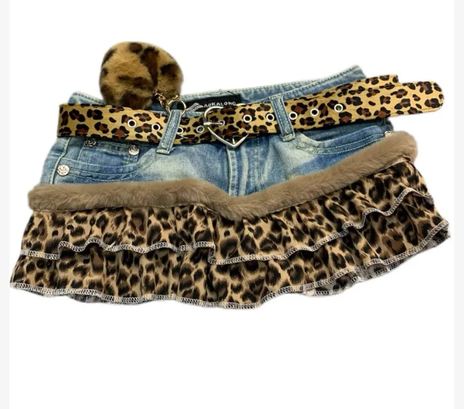 Harajuku Subculture Denim Leopard Print Splicing Y2k Skirt Kawaii Gothic Mini Pleated Skirt Casual Retro Streetwear Skirts Women