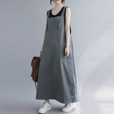 Women Sleeveless Maxi Dress Fashion Workwear Pockets Vestidos 2023 Summer Adjustable Shoulder Straps Dresses Streetwear