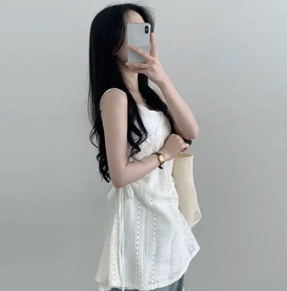 Hot Girl Korean Style Drawstring Lace-up Waist Lace Short Suspender Dresses + White Inner Wear Bottoming Sling Top Two-piece Set