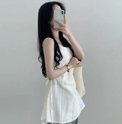 Hot Girl Korean Style Drawstring Lace-up Waist Lace Short Suspender Dresses + White Inner Wear Bottoming Sling Top Two-piece Set