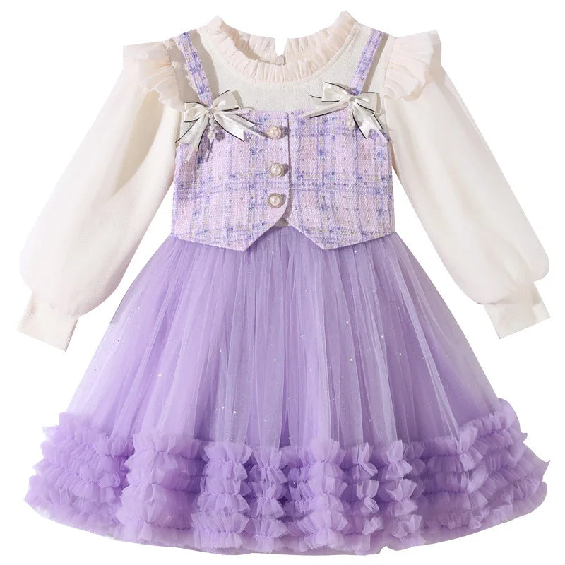 Young Girl Spring  Autumn 2025 New Style Pink Casual Dress Birthday Party Dresses for Girls Purple Fluffy Dress 2-10 Years Old