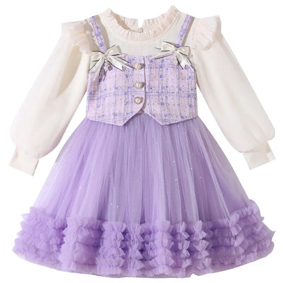 Young Girl Spring  Autumn 2025 New Style Pink Casual Dress Birthday Party Dresses for Girls Purple Fluffy Dress 2-10 Years Old