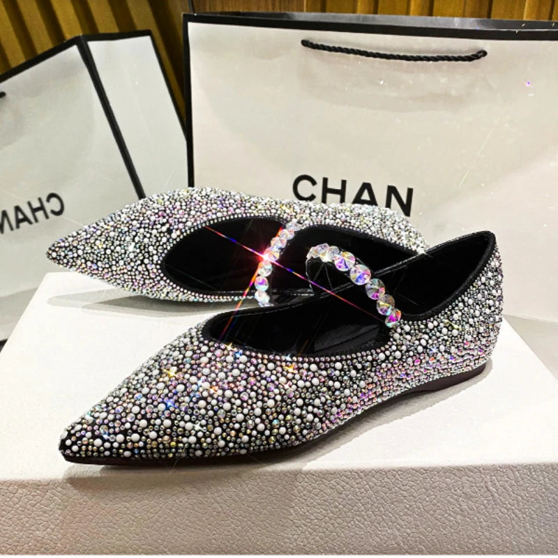 Luxury Designer Glitter Mule Pumps Women Pearl Pointed Toe Mary Jane Shoes Comfy Loafers Fashion Rhinestone Flat Bridal Shoes