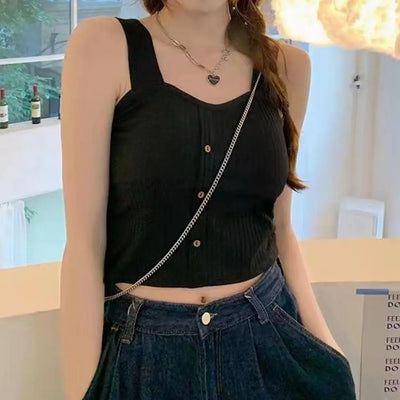 Women's Ribbed Tank Tops Y2K Cropped Tops with Bra Pads Knitted Button Down Suspenders Vest Sexy Camisole Female Short Tops