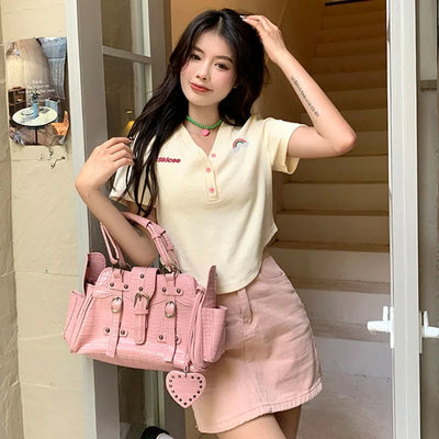 Women's Slim Short-sleeved T-shirt Sexy Pure Desire Wind Spice Girls V-neck Tops Cotton Summer Slim Chic Short Comfortable Top