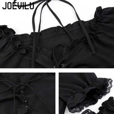 Women's Removable Sleeve T-shirt Drawstring Off Shoulder Crop Top Vintage Shirt Dark Style Harajuku Goth Tee Spring Y2k