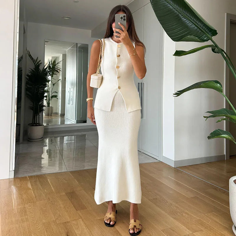 Single Breasted Knit Vest Mermaid Dress Woman Set O-Neck Split Sleeveless Top Solid Color Slim Long Dresses Casual Women Sets